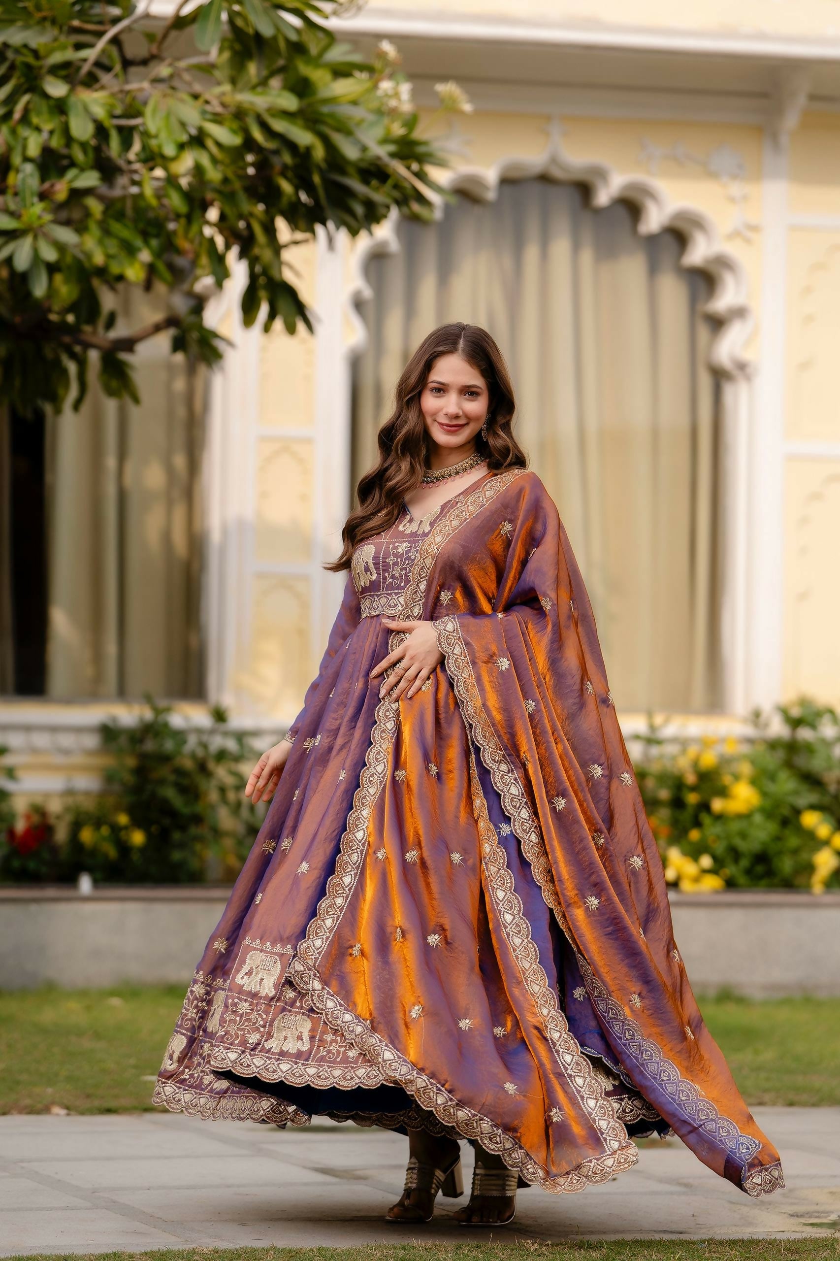 Teeya Creation Wine Primium Fendy Satin Silk Embroidery Work Wedding Wear Gown - Distacart