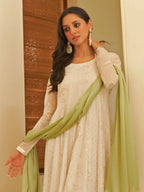 Janasya Women's White Chiffon Lurex Foil Printed Festive Anarkali Kurta Set
