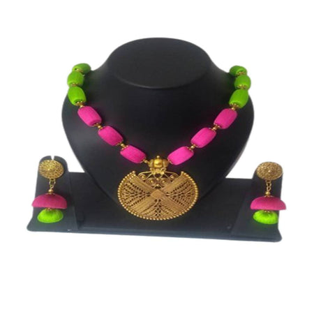 Kundan HandiKrafts Pink And Green Silk Thread Necklace