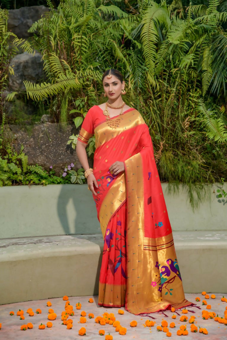 Jyoti Fashion Women's Red Paithani Silk Zari Woven Saree with Blouse