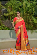 Jyoti Fashion Women's Red Paithani Silk Zari Woven Saree with Blouse