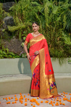 Jyoti Fashion Women's Red Paithani Silk Zari Woven Saree with Blouse