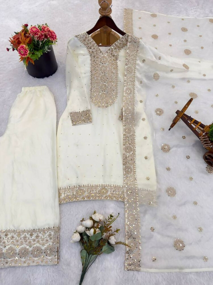 Teeya Creation White Color Fendy Silk Embroidery Work Wedding Wear Salwar Suit - Distacart