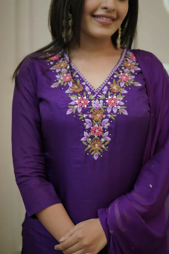 The52 Purple Women's Gorgeous Vichitra Fabric Embroidered Work Straight Kurta Pant and Dupatta Set - Distacart