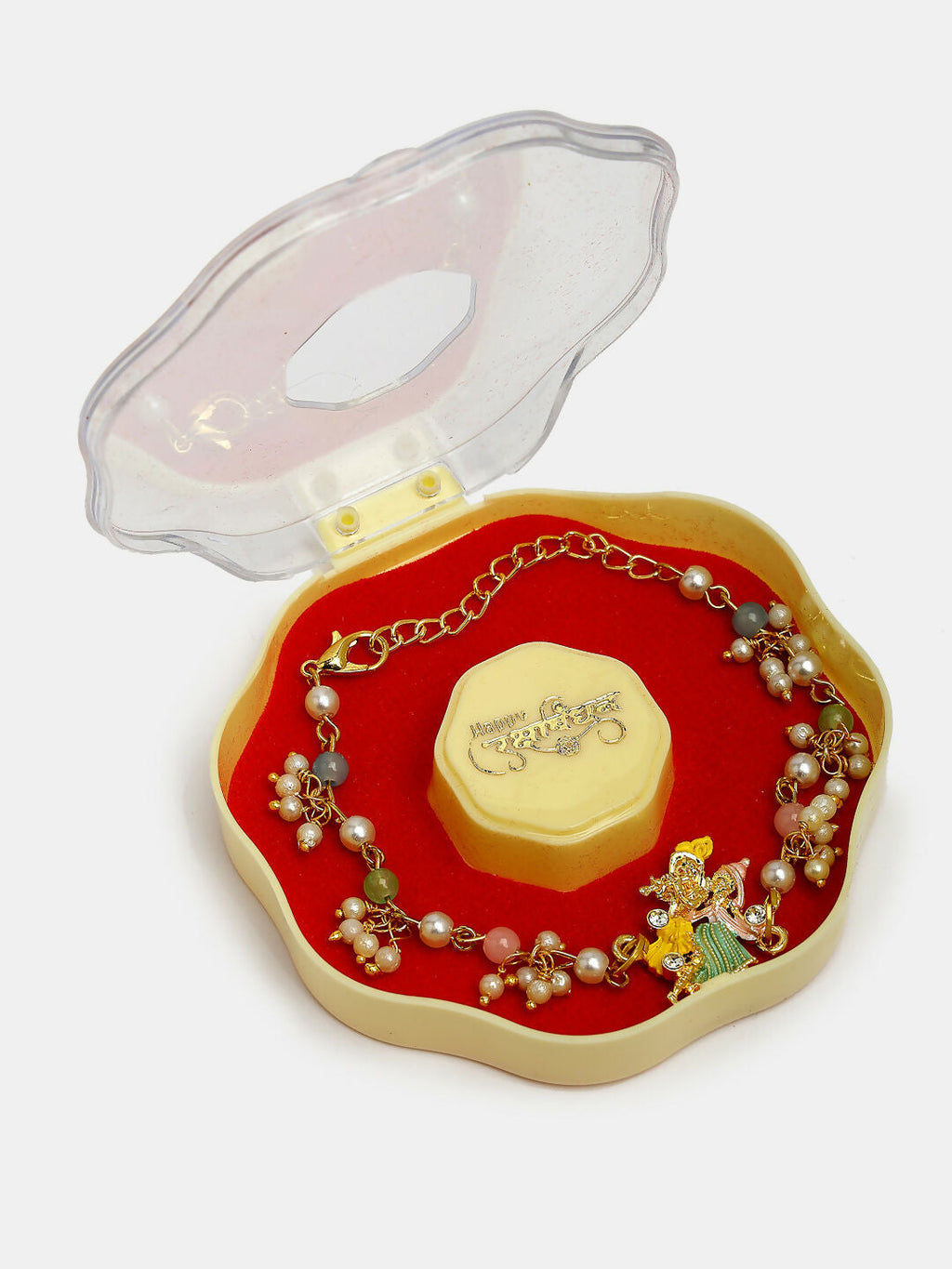 NVR Women & Men Set of 2 Multicolor Gold-Toned Radha Krishna Beaded Bhaiya Bhabhi Rakhi With Roli Chawal & Chocolate - Distacart