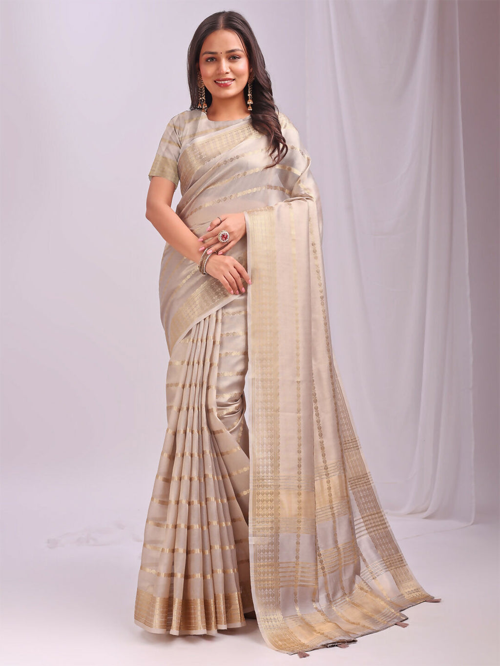 Shree Shyam Fashion Organza Cream Saree - Distacart