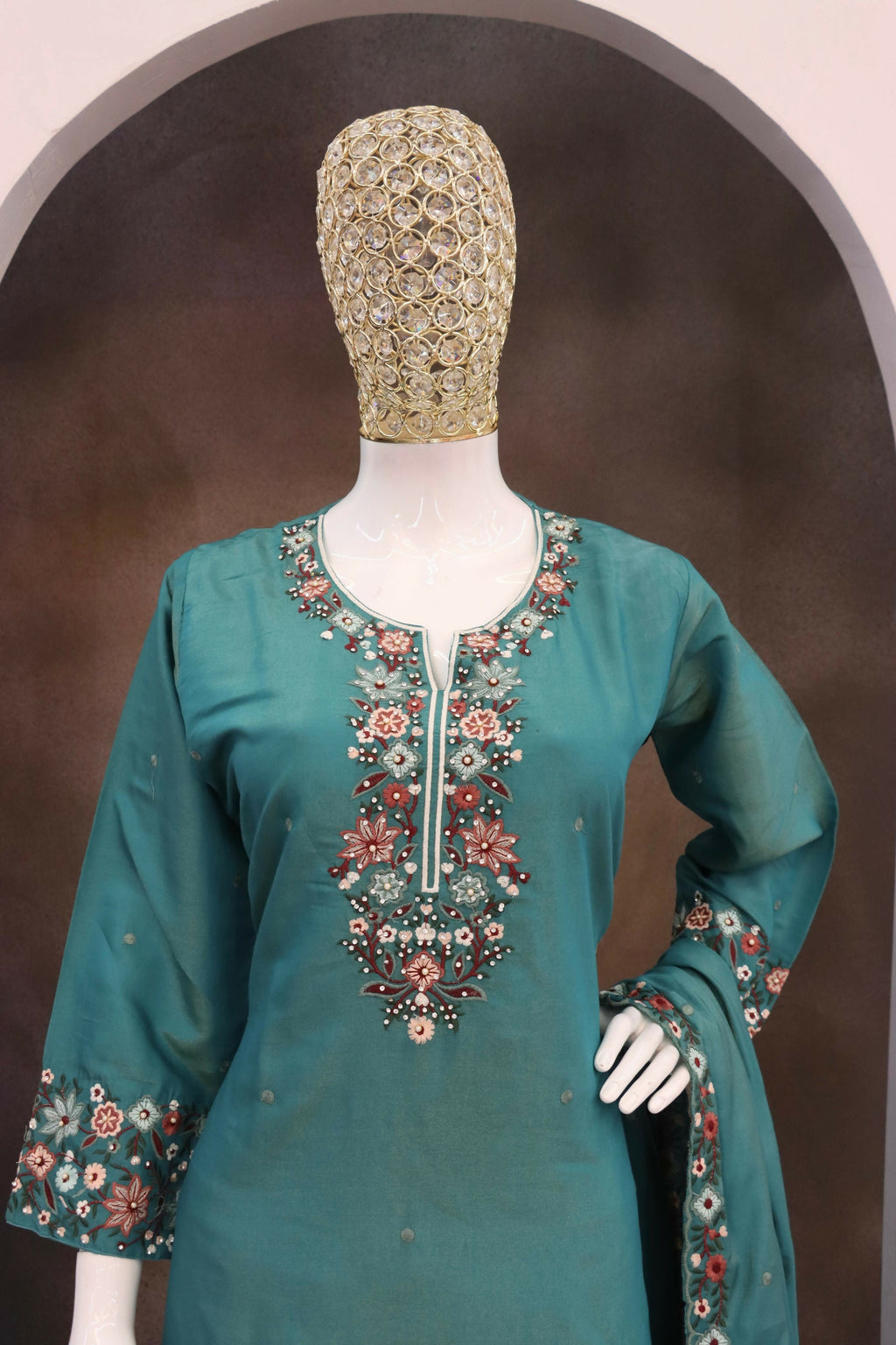 Anaita Turquoise Simar with Embroidery Multi & Zarkhan Work Readymade Palazzo suit - Distacart