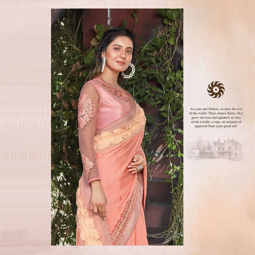 Peach Colored Satin Silk Embroidered Saree With Blouse - Norita Royal Adveka