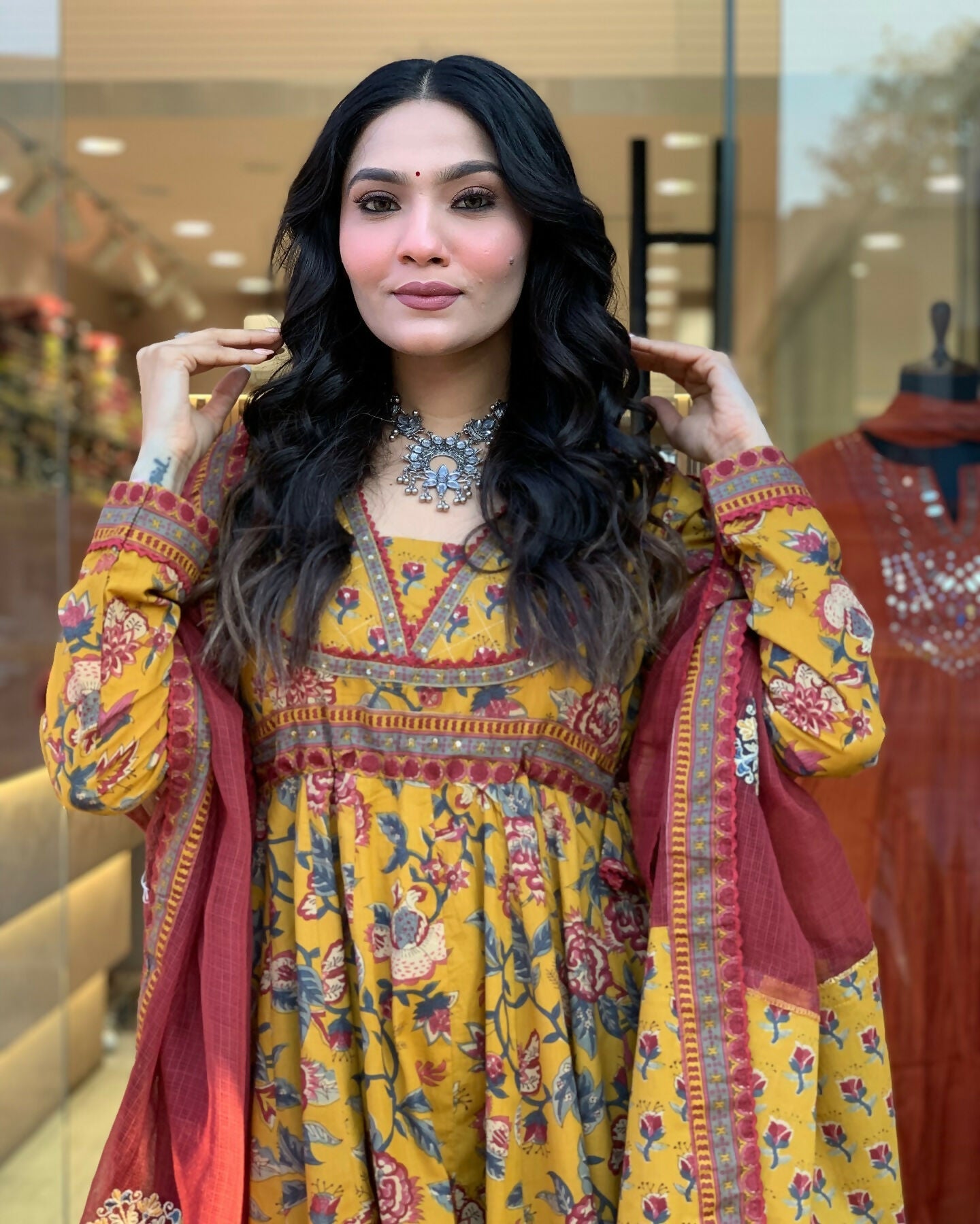 The52 Women's Beautiful Cotton Fabric Printed Work Flared Kurta Palazzo and Dupatta Set - Distacart
