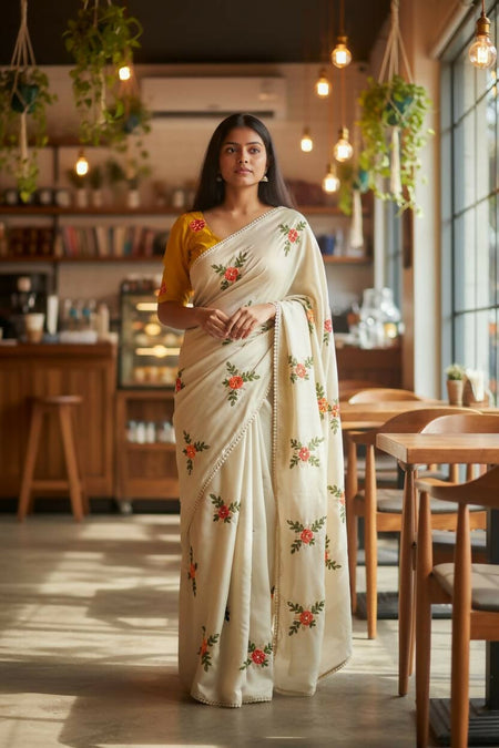 Teeya Creation Cream Rangoli Silk Embroidery Work Party Wear Designer Saree