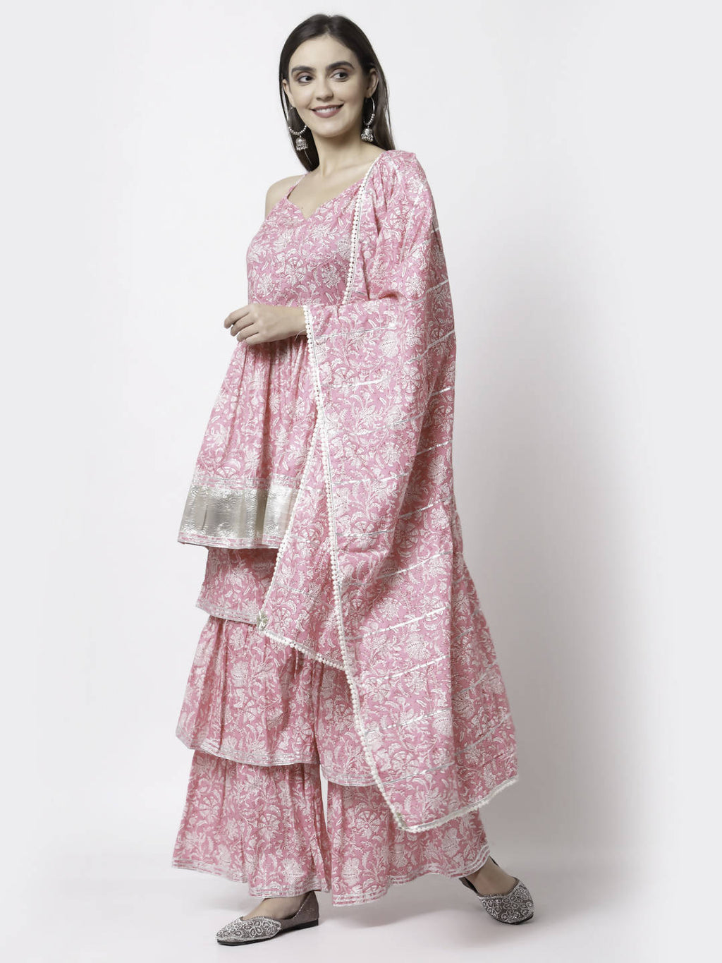 Myshka Women Pink Pure Cotton Printed Sleeveless Round Neck Kurta With Sharara & Dupatta Set
