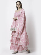 Myshka Women Pink Pure Cotton Printed Sleeveless Round Neck Kurta With Sharara & Dupatta Set