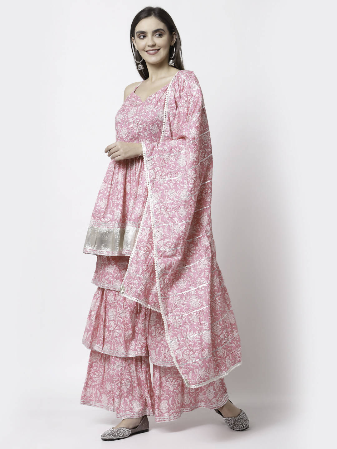 Myshka Women Pink Pure Cotton Printed Sleeveless Round Neck Kurta With Sharara & Dupatta Set