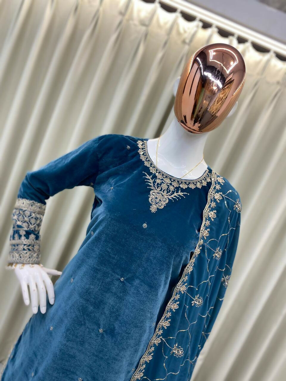 Vastranavya Blue Velvet Sequence Embroidery Work Kurta & Bottom With Dupatta - Distacart