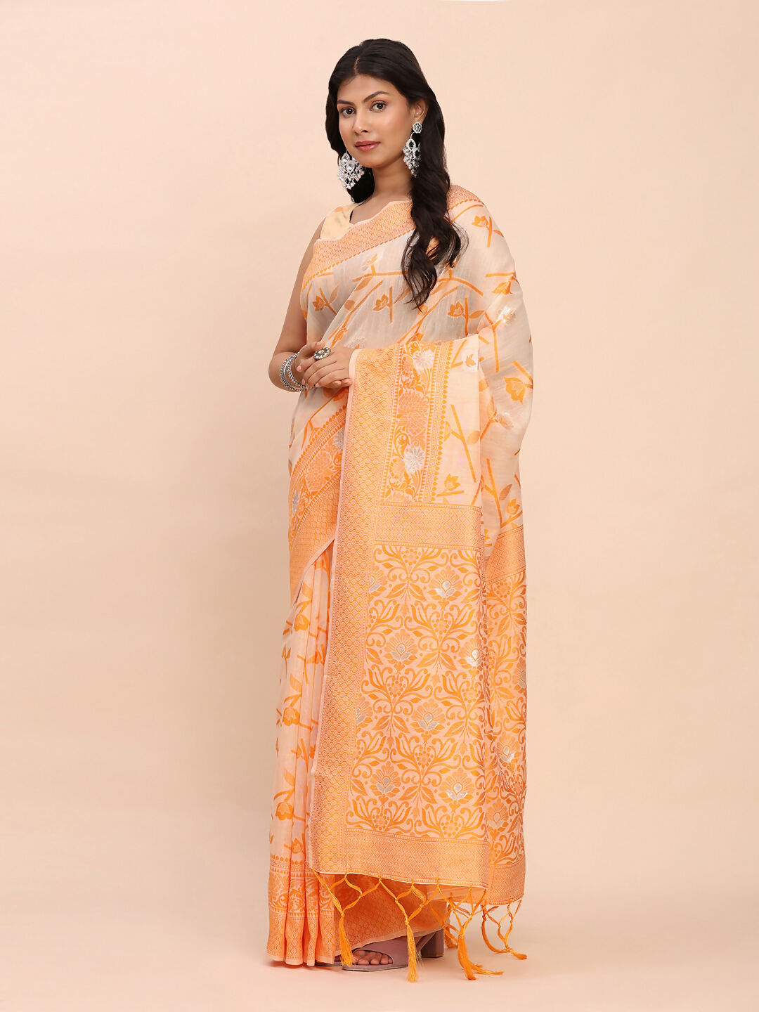 Shree Shyam Fashion Linen Cotton Orange Saree - Distacart