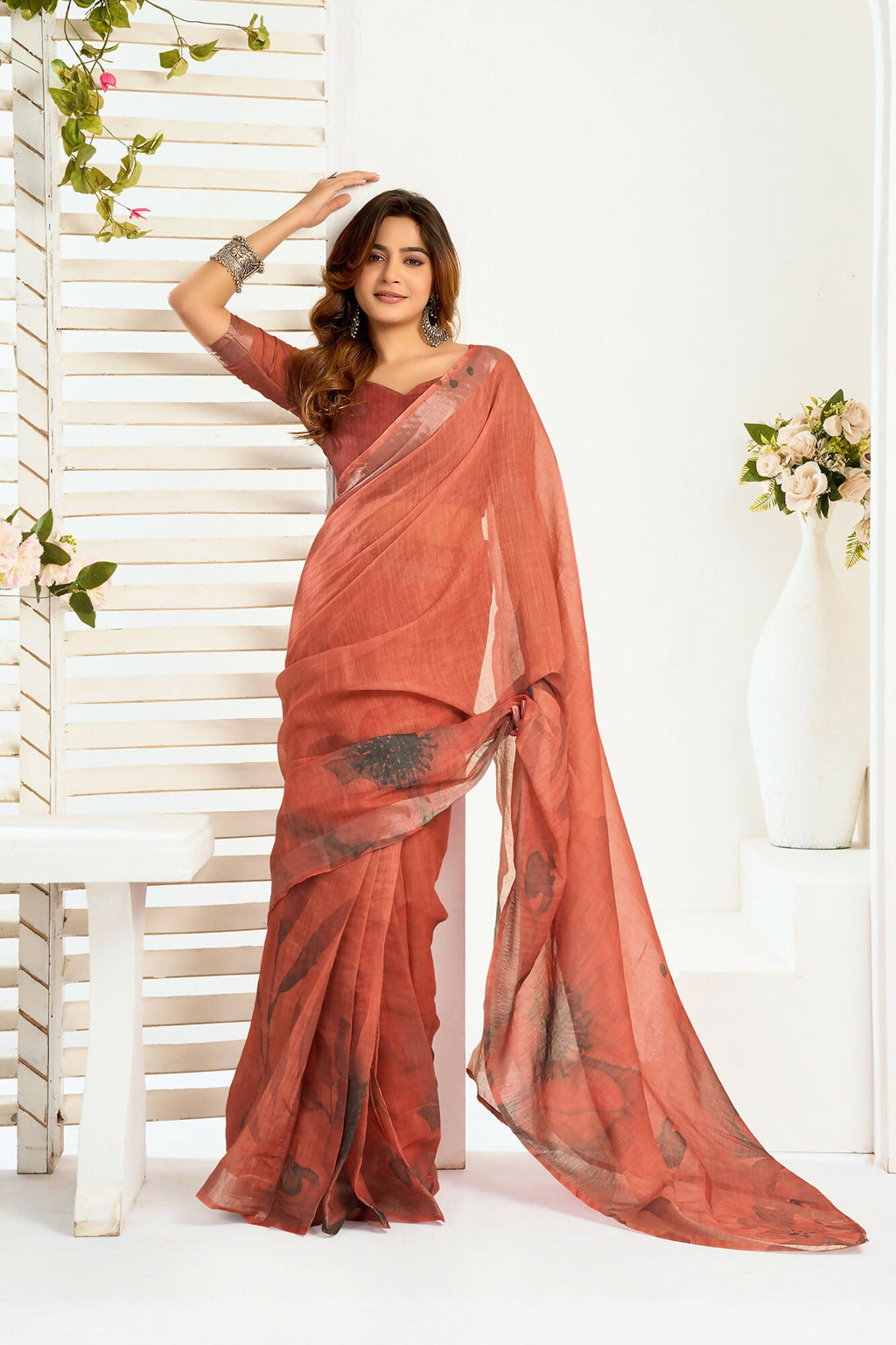 Vastranavya Brown Digital Printed Linen Ready To Wear Designer Saree with Unstitched Blouse - Distacart