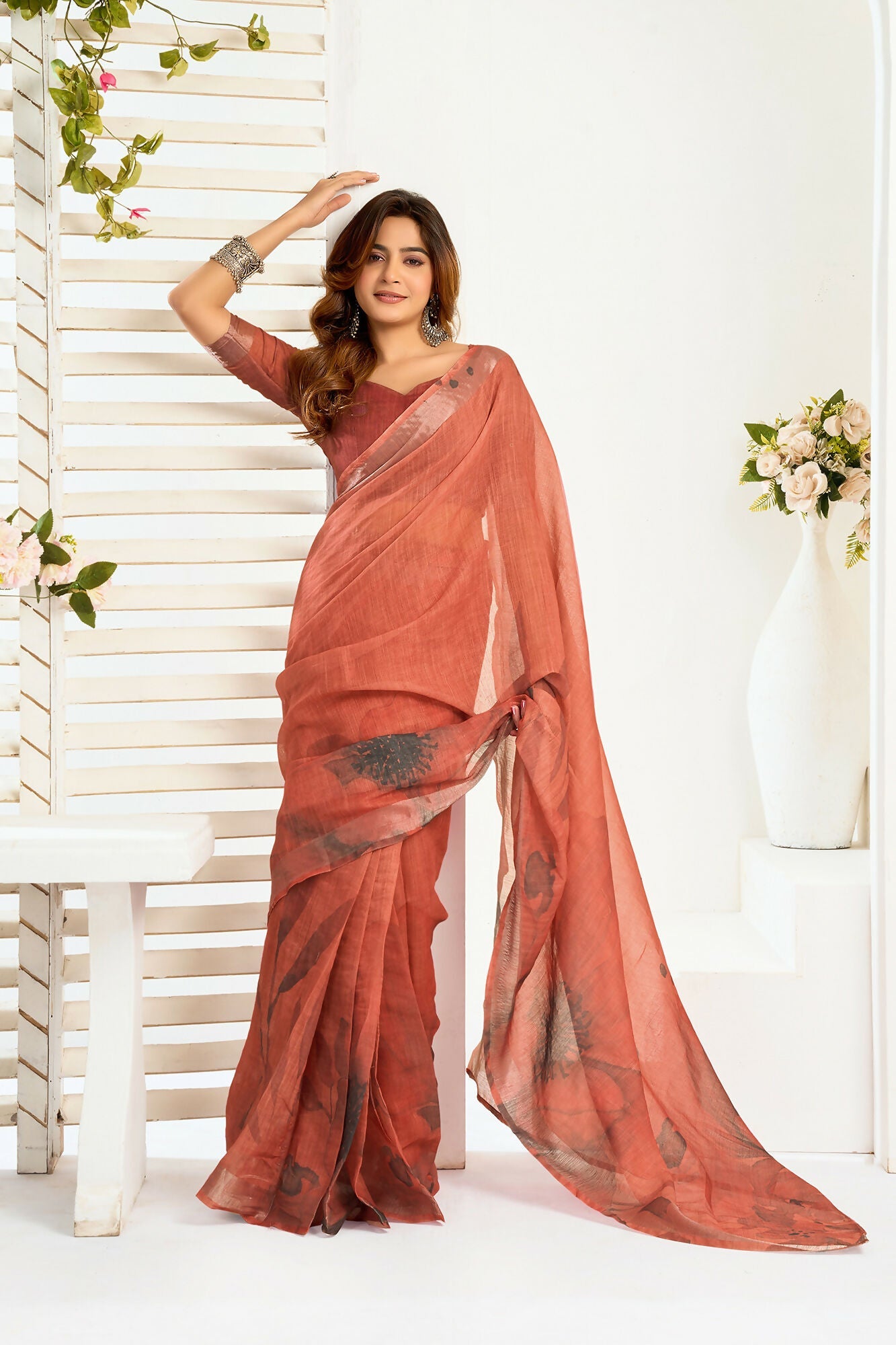 Vastranavya Brown Digital Printed Linen Ready To Wear Designer Saree with Unstitched Blouse - Distacart