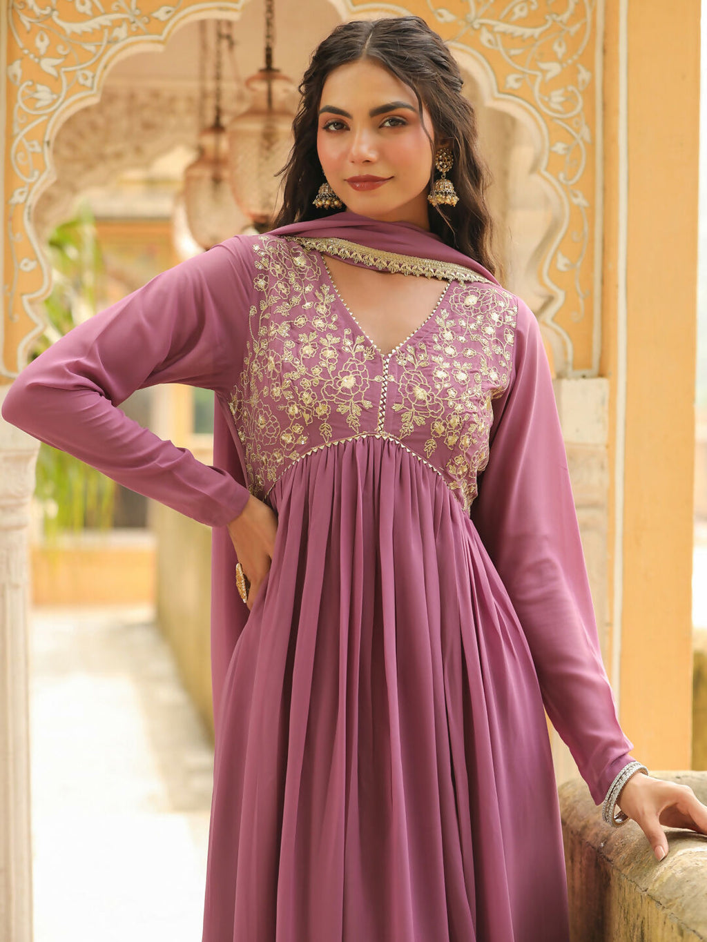Janasya Lavender Georgette Yoke Embroidery Kurta,Bottom & Dupatta
