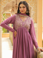 Janasya Lavender Georgette Yoke Embroidery Kurta,Bottom & Dupatta