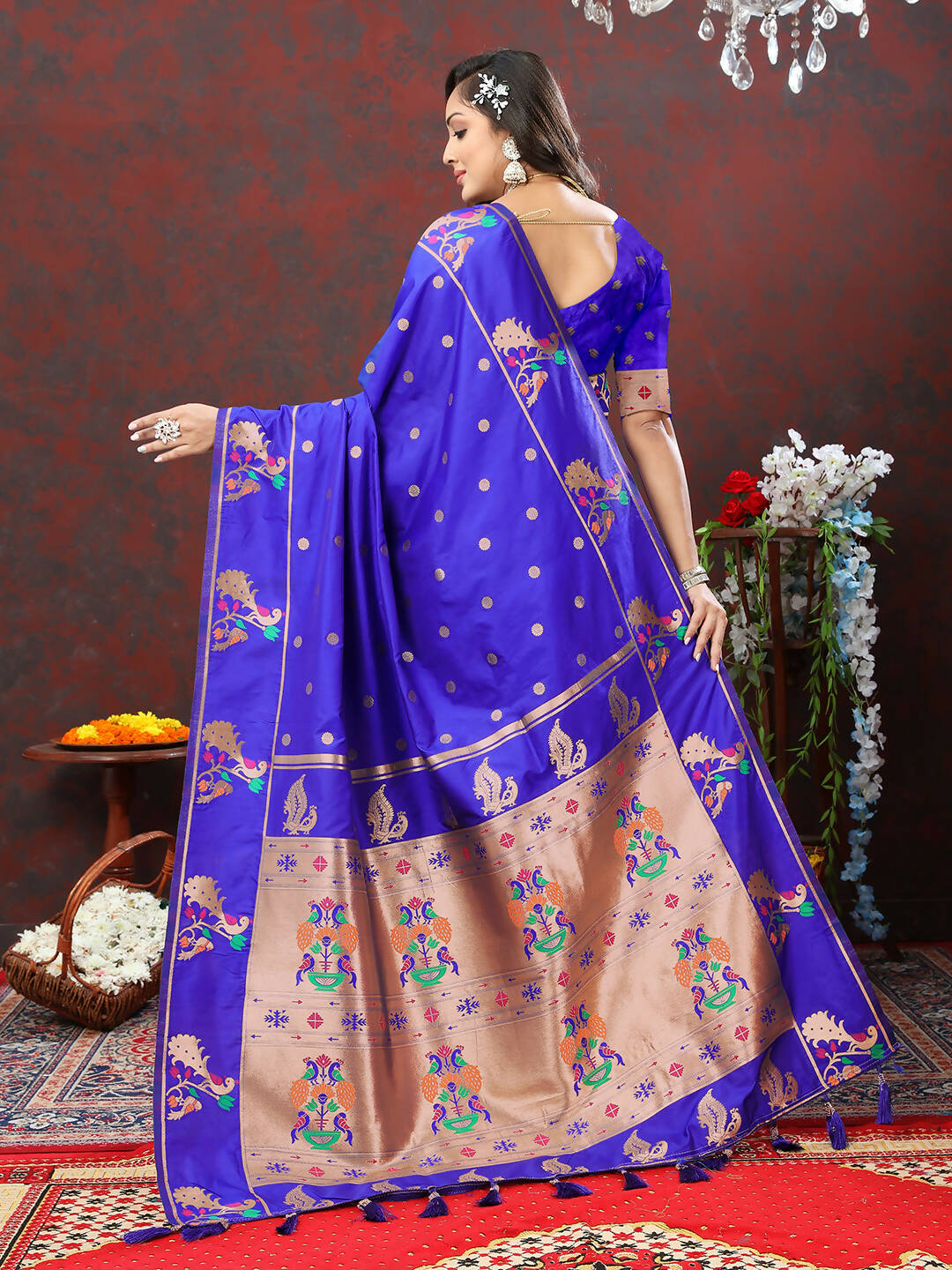 Lorenvalley Fashion Blue Soft Paithani Silk Woven Design Copper Zari Meenakari Weaving Saree
