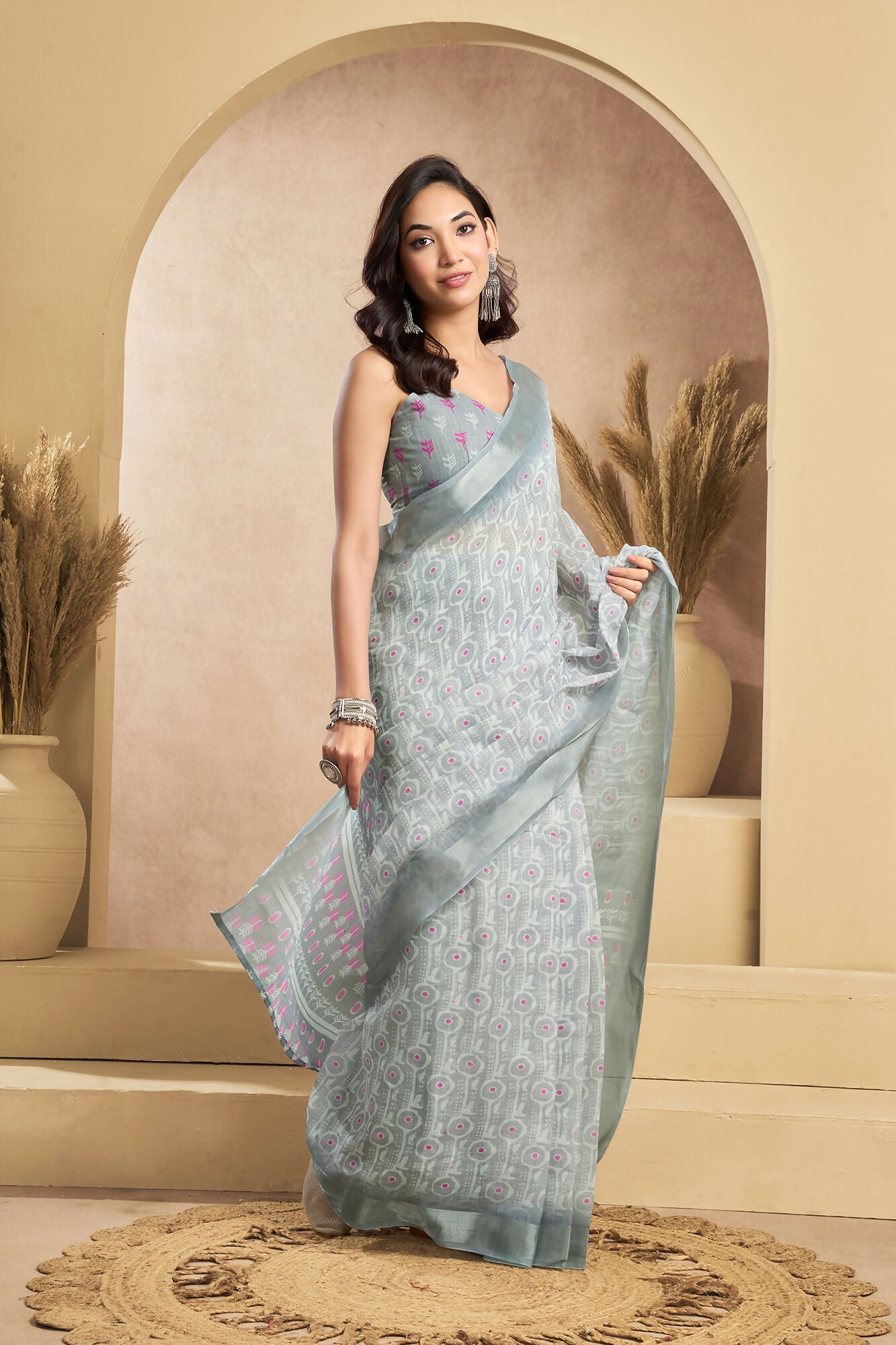 Vastranavya Grey Digital Printed Linen Ready To Wear Designer Saree with Unstitched Blouse - Distacart