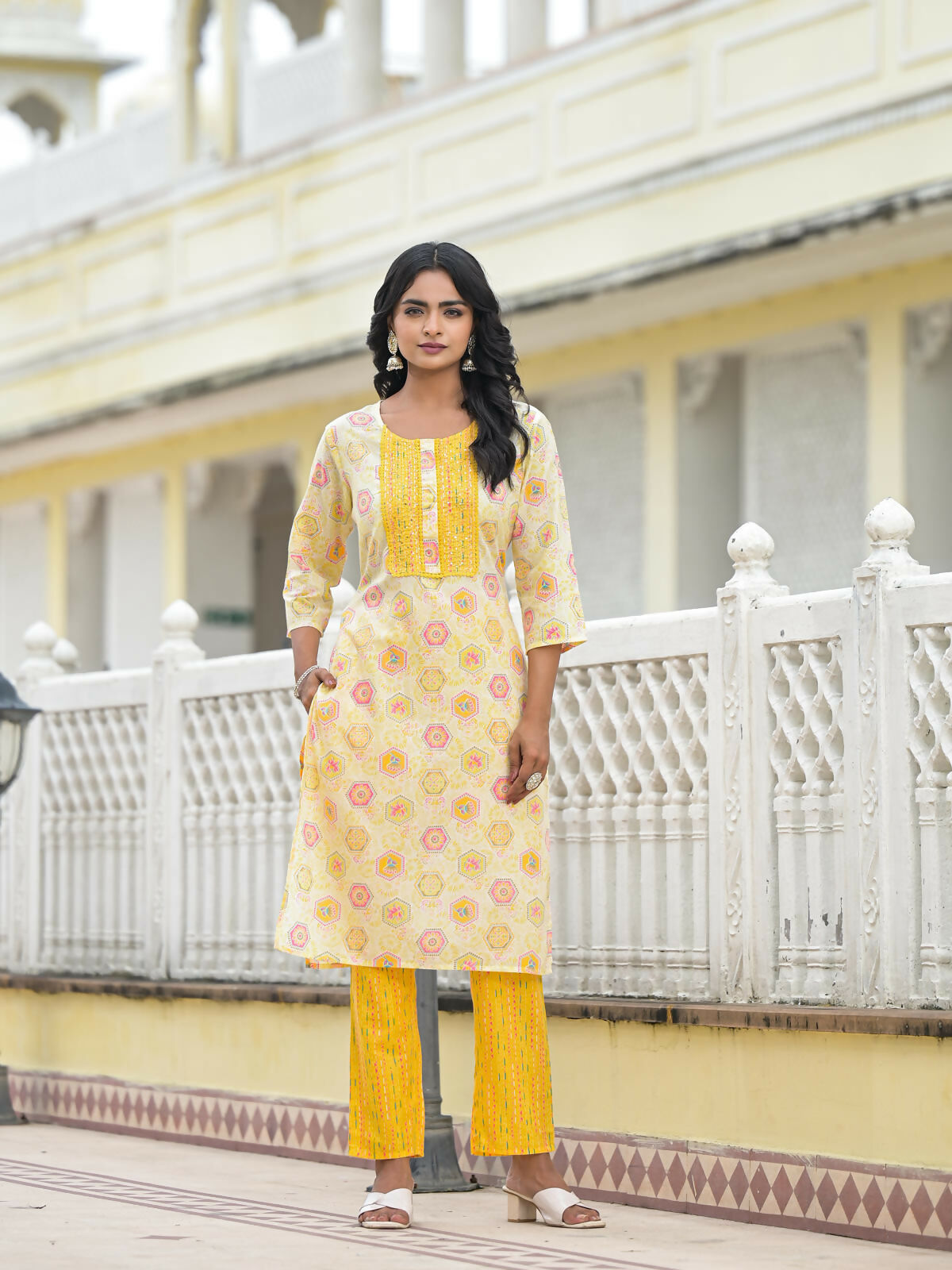 Juniper Women's Yellow Floral Printed Cotton Kurta Pant With Dupatta Set With Sequins & Thread Work