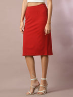 Myshka Women's Red Solid Knee Length Party Embellished Skirts