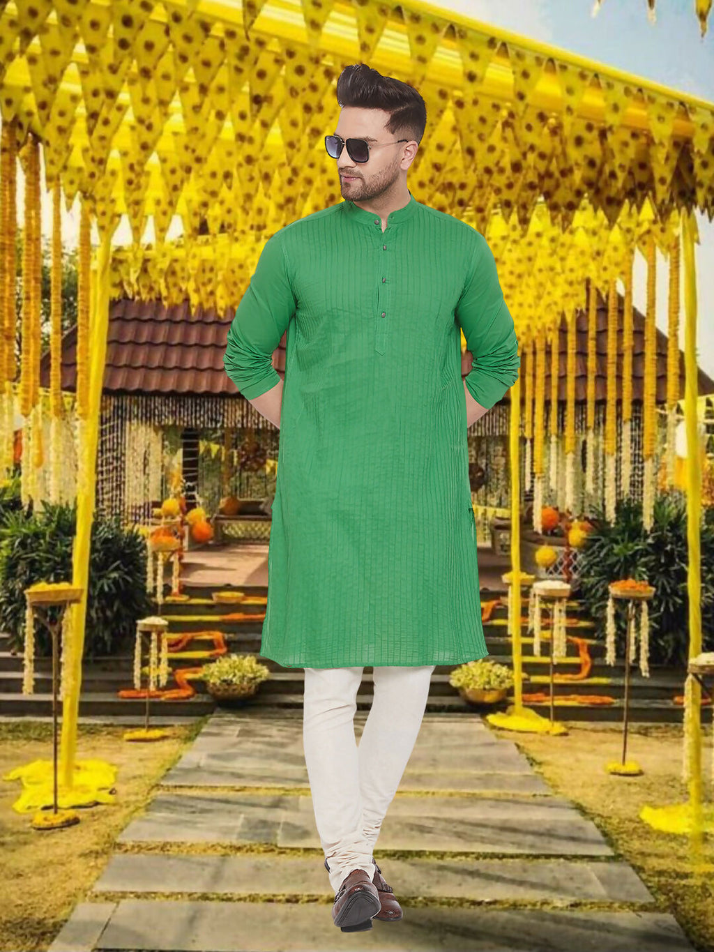 Even Apparels Men's Pintuck Fancy Green Kurta