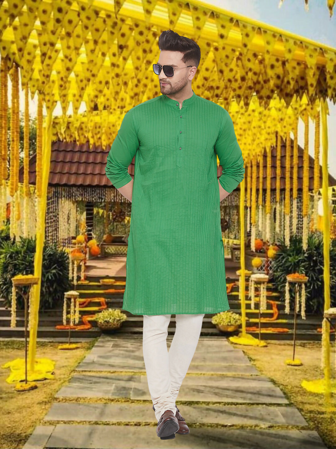 Even Apparels Men's Pintuck Fancy Green Kurta