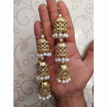 MS Fashion India Bridal Gold-Polished White Pearl Hanging Jhumka Earrings