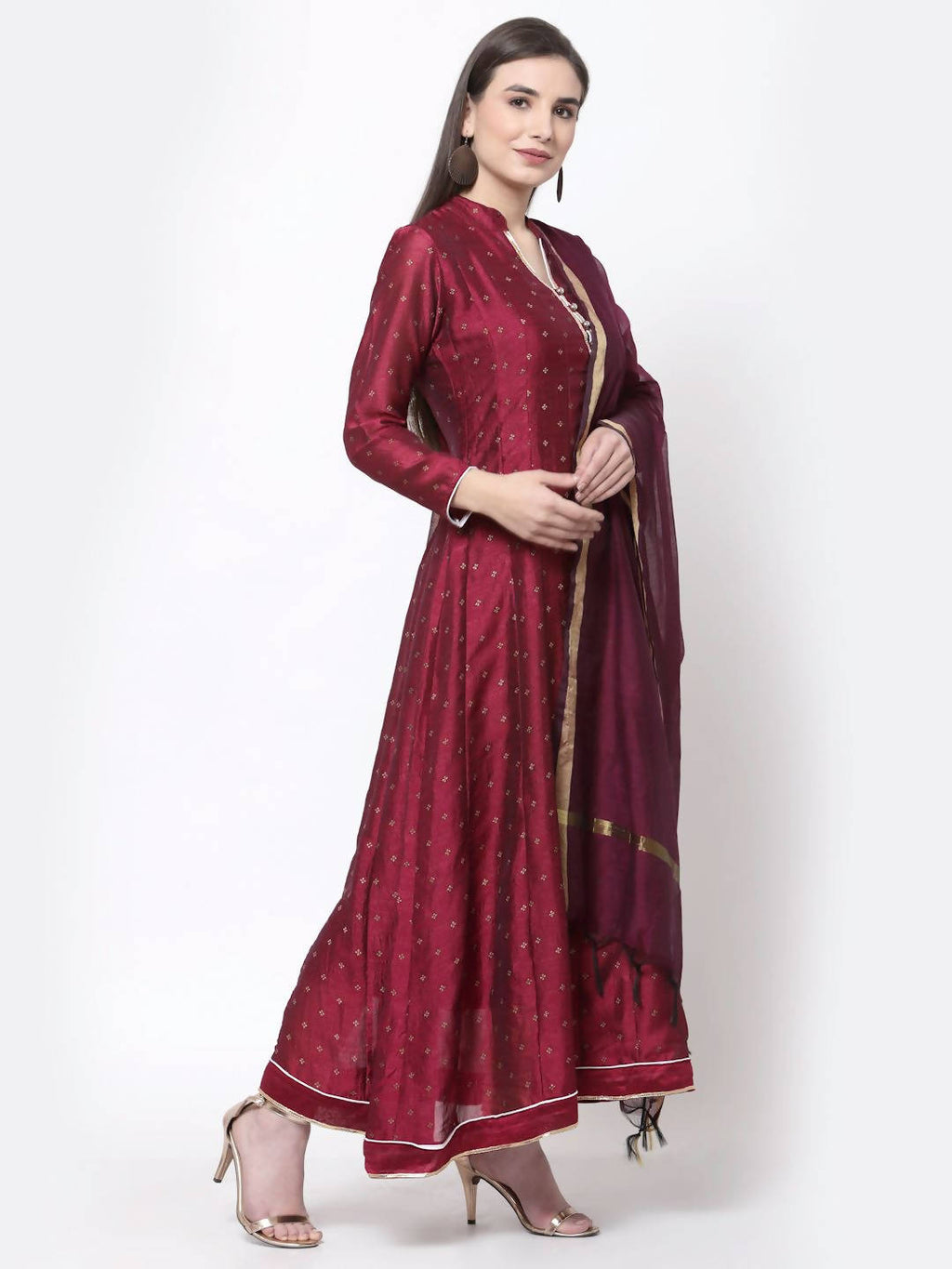 Myshka Women's Wine Georgette Printed 3/4 Sleeve Mandarin Neck Casual Anarkali Kurta Dupatta Set