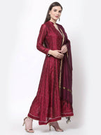 Myshka Women's Wine Georgette Printed 3/4 Sleeve Mandarin Neck Casual Anarkali Kurta Dupatta Set