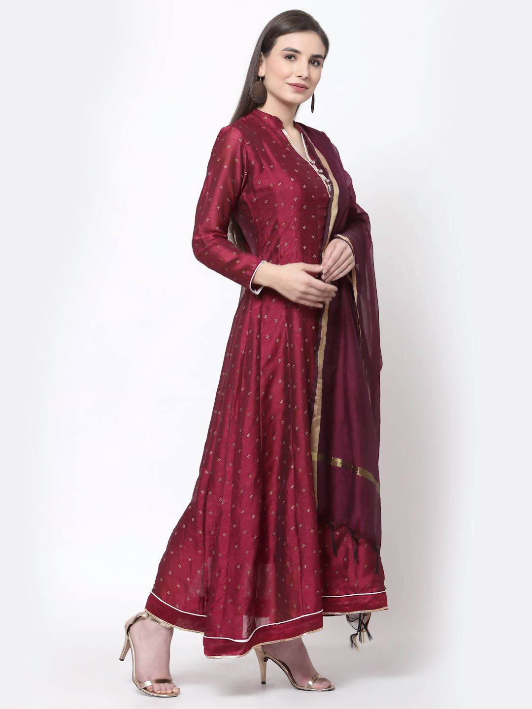 Myshka Women's Wine Georgette Printed 3/4 Sleeve Mandarin Neck Casual Anarkali Kurta Dupatta Set