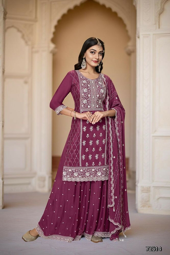 Ethnic Festive Wear Premium Chinon Fabric Wine Stitched Suit With Dupatta-Zeeya