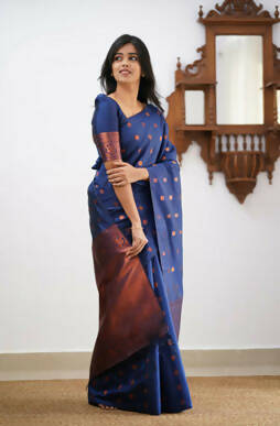 DEIANA'S Beautiful Designer Golden zari Soft Lichi Silk Saree - Blue