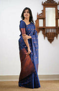 DEIANA'S Beautiful Designer Golden zari Soft Lichi Silk Saree - Blue