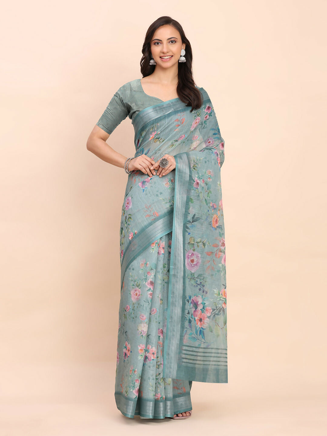 Shree Shyam Fashion Linen Cotton Sea Green Saree - Distacart