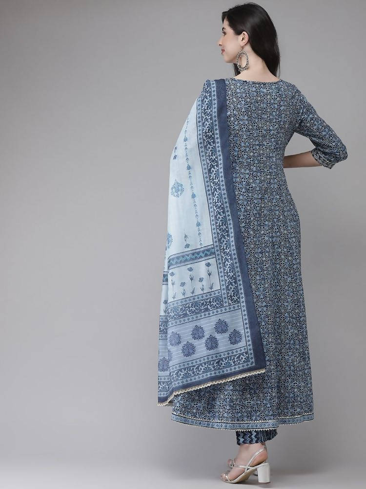 Yufta Women Blue Floral Yoke Design Angrakha Pure Cotton Kurta with Trouser With Dupatta