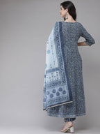 Yufta Women Blue Floral Yoke Design Angrakha Pure Cotton Kurta with Trouser With Dupatta