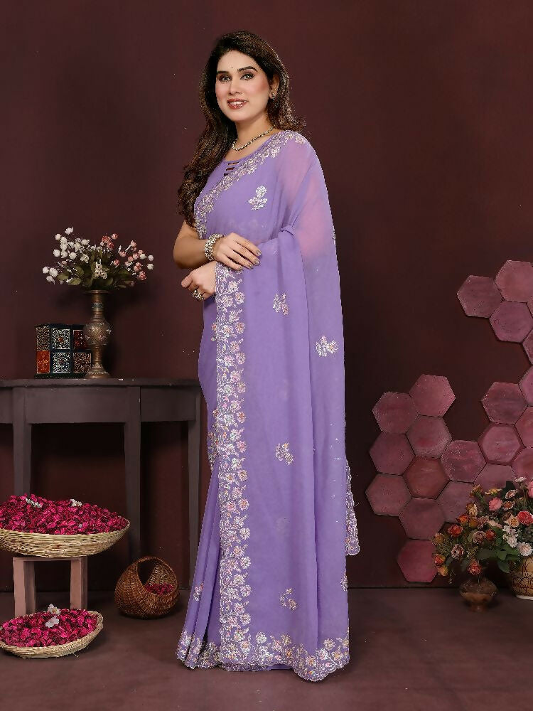 PR Fashion Lavender Georgette Embroidery Work With Embroidery Work Blouse Saree