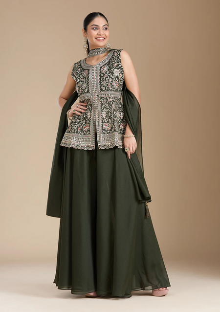 Teeya Creation Mehendi Color Star Georgette Party Wear Designer Peplum Sharara Set