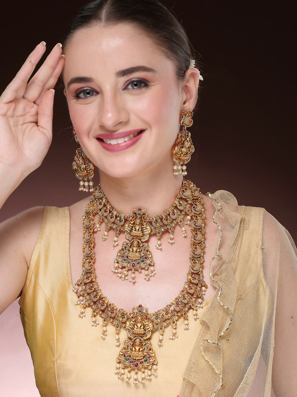 NVR Women's Set of 2 Gold-Polished Green & Red Stone Studded Lakshmi Design Temple Jewellery Set