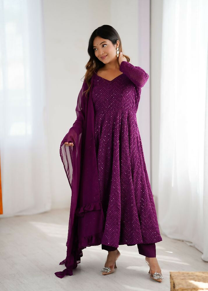 Joban Fashion Wine Kurta Set Georgette Sequence Embroidery Work - Distacart