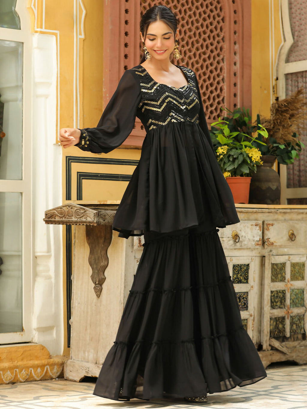 Janasya Black Georgette Sequined Tunic & Bottom