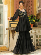 Janasya Black Georgette Sequined Tunic & Bottom