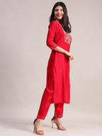Aavyora Women's Red Embroidered Roman Silk Kurta, Palazzo & Organza Dupatta Set