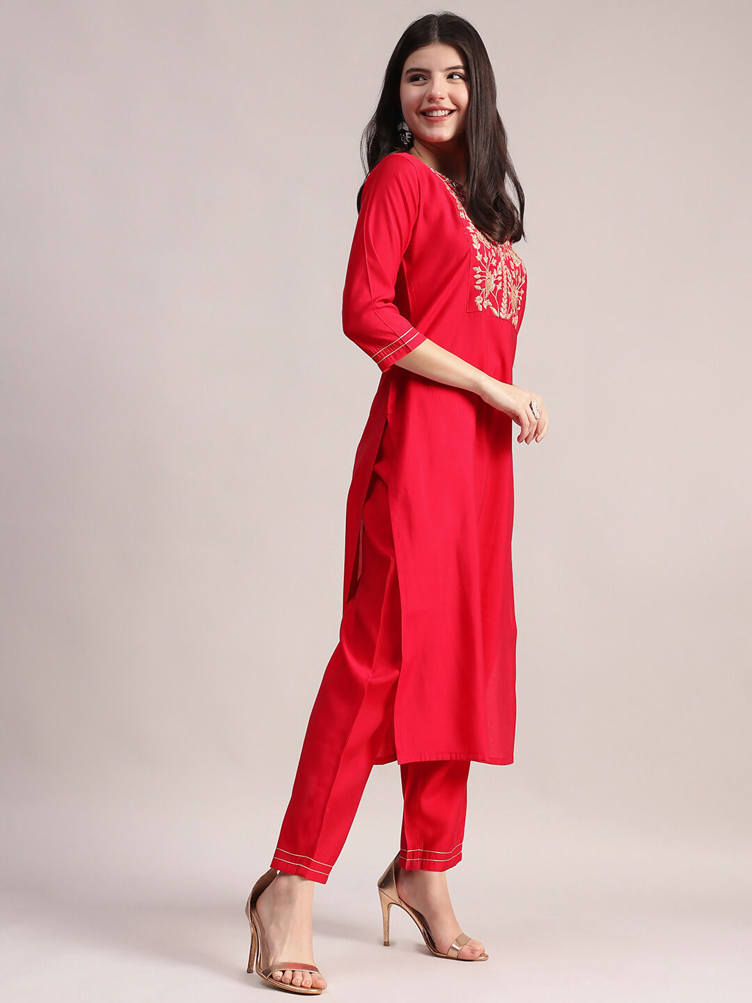 Aavyora Women's Red Embroidered Roman Silk Kurta, Palazzo & Organza Dupatta Set