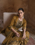 Anaita Mustard Silk Readymade Palazzo Suit with Swarovski Work - Distacart