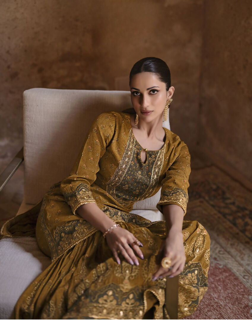 Anaita Mustard Silk Readymade Palazzo Suit with Swarovski Work - Distacart