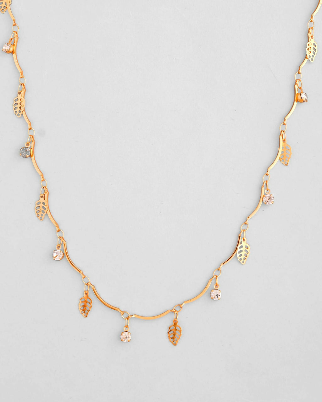 VOJ Gold-Polished Designer Chain For Women With AD Stone And Leaf